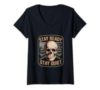 Women's Stay Quiet Tactical Skull Flag V-Neck T-Shirt