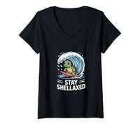 Womens Stay Shellaxed Surf Turtle Adventure Beach Fun V-Neck T-Shirt