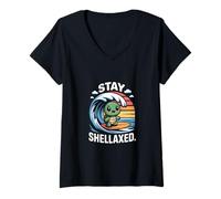 Womens Stay Shellaxed Surf Turtle Adventure Beach Fun V-Neck T-Shirt