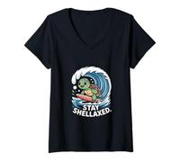 Womens Stay Shellaxed Surf Turtle Adventure Beach Fun V-Neck T-Shirt