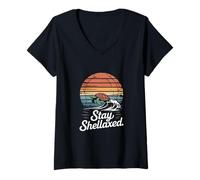 Womens Stay Shellaxed Turtle Ocean Sunset Wave V-Neck T-Shirt