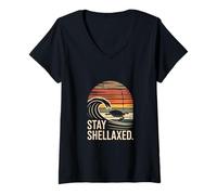 Womens Stay Shellaxed Turtle Ocean Sunset Wave V-Neck T-Shirt