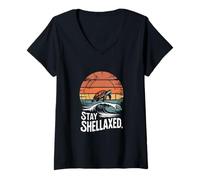 Womens Stay Shellaxed Turtle Ocean Sunset Wave V-Neck T-Shirt