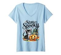 Women's Stay Spooky Kitten with Pumpkin and Haunted House V-Neck T-Shirt