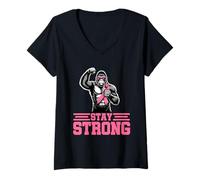 Women's Stay Strong Gorilla Breast Cancer Awareness Pink Ribbon V-Neck T-Shirt
