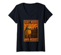 Womens Stay Weird and Resist Funny Frog Retro Protest Humor V-Neck T-Shirt