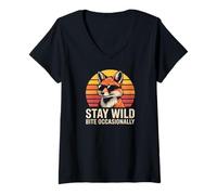 Womens Stay Wild Bite Occasionally Funny Cool Fox V-Neck T-Shirt