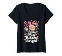 Women's Stay Wild Bloom Bright Sunflower Floral Botanical V-Neck T-Shirt