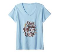 Womens Stay Wild, Moon Child - Celestial Boho Vibes Retro Spirit V-Neck T-Shirt