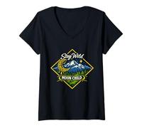 Women's Stay Wild Moon Child Mountain Nature Celestial Boho V-Neck T-Shirt