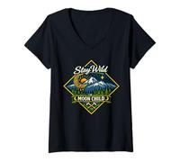 Women's Stay Wild Moon Child Mountain Nature Celestial Boho V-Neck T-Shirt
