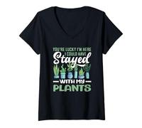 Womens Stayed with My Plants Funny Plant Lover Gardener V-Neck T-Shirt