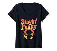 Womens Stayin’ Funky Retro Sunset Groove Vibes Design V-Neck T-Shirt
