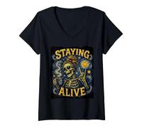 Women's Staying Alive Skeleton Drink Coffee Van Gogh Staying Alive V-Neck T-Shirt