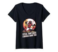 Womens Steal That Base I Double Dare You Baseball Catcher V-Neck T-Shirt