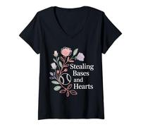 Women's Stealing Bases and Hearts Baseball Puns Sports |- V-Neck T-Shirt