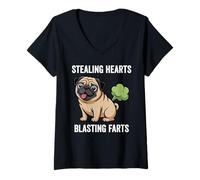 Women's Stealing Hearts Blasting Farts Funny Dog Pug V-Neck T-Shirt