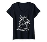 Women's Stealth Warrior Ninja Crouch Line Art Katana Graphic Icon V-Neck T-Shirt