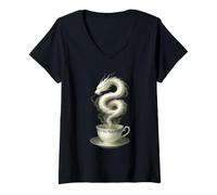 Womens Steam Cloud Serpent Dragon in a Teacup Artwork V-Neck T-Shirt