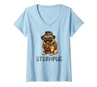 Women's Steampug Retro Vintage Dog Cute Steampunk Pug V-Neck T-Shirt