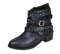 Women's Steampunk Boots Fashion Buckle Belt Ankle Boots Cowboy Motorcycle Booties with Side Zipper Gothic Solid Color Round Toe Leather Boot Comfy Chunky Low Heel Shoes for Winter Autumn