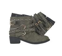 Women's Steampunk Boots Fashion Buckle Belt Ankle Boots with Side Zipper Gothic Solid Color Round Toe Leather Boots Comfy Chunky Low Heel Shoes for Winter Autumn Green