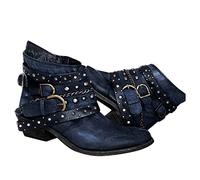 Women's Steampunk Boots Fashion Buckle Belt Ankle Boots with Side Zipper Gothic Solid Color Round Toe Leather Boots Comfy Chunky Low Heel Shoes for Winter Autumn Blue