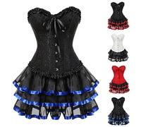 Women's Steampunk Corset Dress UK Sale Lace Skirt Set 2 Piece Outfits Overbust Bustiers Vintage Jacquard Lingerie Skirts Set Stitching Dresses Party Dress Vintage Multi Layered Dresses Skirts