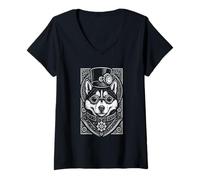 Womens Steampunk Dog Outfit Fantasy Mechanical Husky Lover Art V-Neck T-Shirt