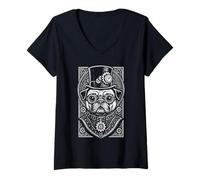 Womens Steampunk Dog Outfit Fantasy Mechanical Pug Lover Art V-Neck T-Shirt