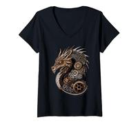 Womens Steampunk Dragon Art Gears Graphic Design Artwork Fantasy V-Neck T-Shirt