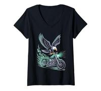 Women's Steampunk Eagle and Motorcycle Fusion Art V-Neck T-Shirt