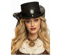 Womens Steampunk Fancy Dress Black Top Hat with Net Cameo and Feathers