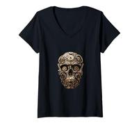 Women's Steampunk Mechanical Skull Art V-Neck T-Shirt