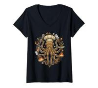 Women's Steampunk Octopus Chef Cook Mechanical Cuisine V-Neck T-Shirt