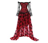 Women's Steampunk Victorian Off Shoulder Corset Top with High Low Skirt Bustier Overbust Lace Up Bodice Lingerie Women's Gothic Steampunk Steel Boned Corset Dress Skirt Set Costume Sale Clearance