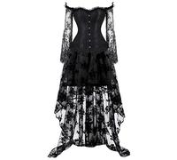 Women's Steampunk Victorian Off Shoulder Corset Top with High Low Skirt Bustier Overbust Lace Up Bodice Lingerie Women's Gothic Steampunk Steel Boned Corset Dress Skirt Set Costume Clearance