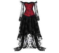 Women's Steampunk Victorian Off Shoulder Corset Top with High Low Skirt Bustier Overbust Lace Up Bodice Lingerie Women's Gothic Steampunk Steel Boned Corset Dress Skirt Set Costume Clearance