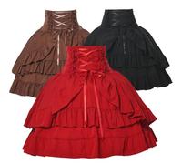 Women's Steampunk Victorian Skirt Renaissance Layered High Waist Vintage Skirt Cosplay Halloween Costume, red, M