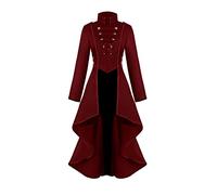Women's Steampunk Vintage Tailcoat Jacket, Irregular Hem, Gothic Clothing, Victorian Frock Coat, Long Coat, Renaissance Halloween Costume, Medieval Cosplay Uniform for Women (Red, S)