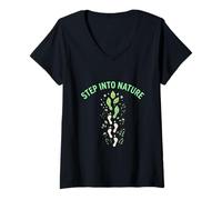 Women's Step Into Nature Minimal Leaf Footprint Design V-Neck T-Shirt