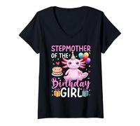 Womens Stepmother of the Birthday Girl Axolotl Birthday Party V-Neck T-Shirt
