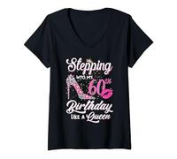 Womens Stepping Into My 60th Birthday Like A Queen Funny Gift Women V-Neck T-Shirt