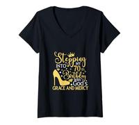 Womens Stepping Into My 70th Birthday with Gods Grace and Mercy V-Neck T-Shirt