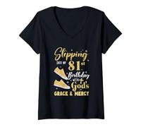 Womens Stepping Into My 81St Birthday with Gods Grace and Mercy V-Neck T-Shirt
