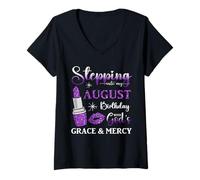 Women's Stepping into My August Birthday with God's Grace and Mercy V-Neck T-Shirt