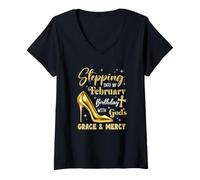 Women's Stepping Into My February Birthday with Gods Grace Mercy V-Neck T-Shirt