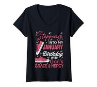 Womens Stepping into My January Birthday with God's Grace & Mercy V-Neck T-Shirt