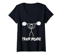 Womens Stickman Train Insane Funny Weight Training V-Neck T-Shirt
