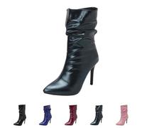 Women's Stiletto Heel Ankle Boots, Pointed Toe, Ankle Boots, PU Leather Boots, Pleated Slouchy Boots, Patent Boots, Solid Colour, Casual Shoe, Wide Calves, Ankle Boot, 36-43, Wine, 9.5 UK